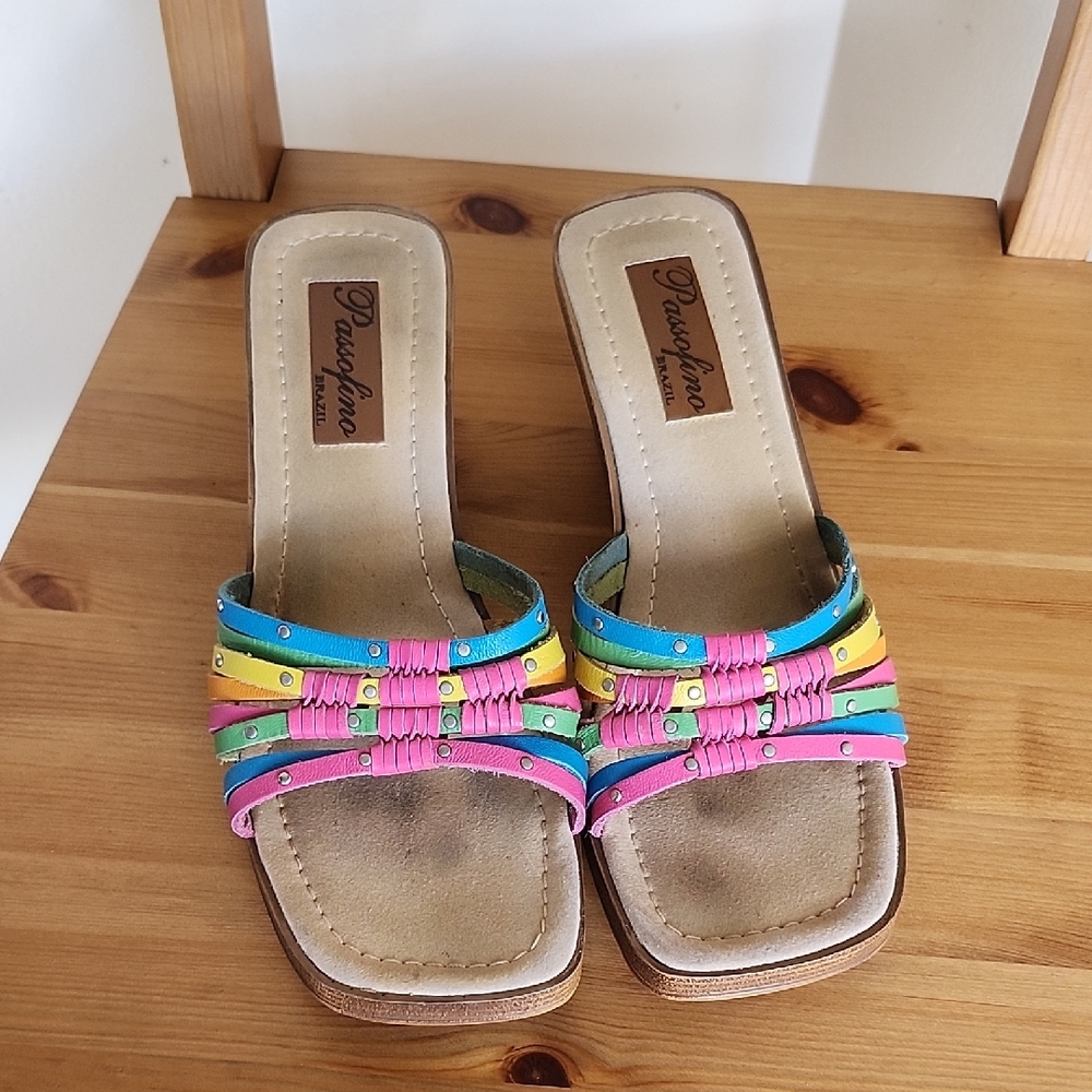 Y2K Passofino Brazil Leather Multicolor Strap Slip On Sandals, 8